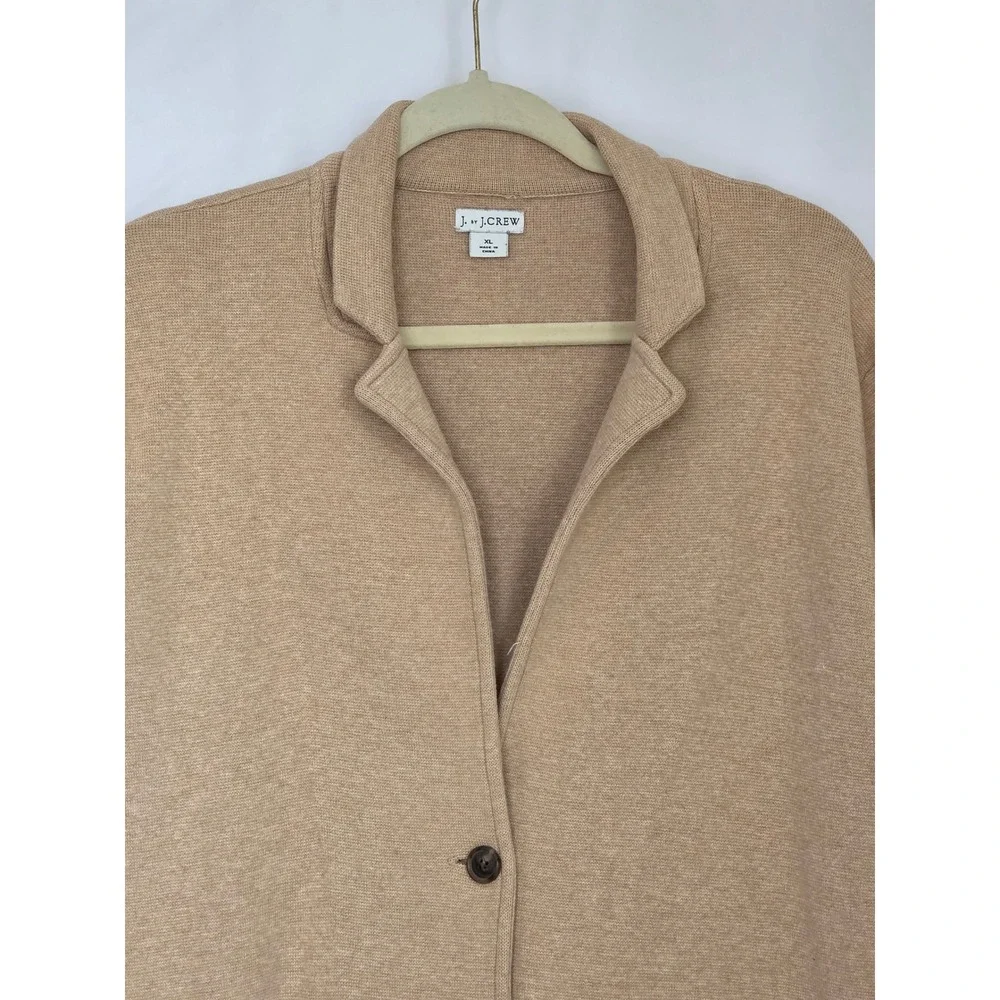J. Crew Women Tan Camel Cotton Knit Sweater Blazer XL Notched Lapel Pockets Fall